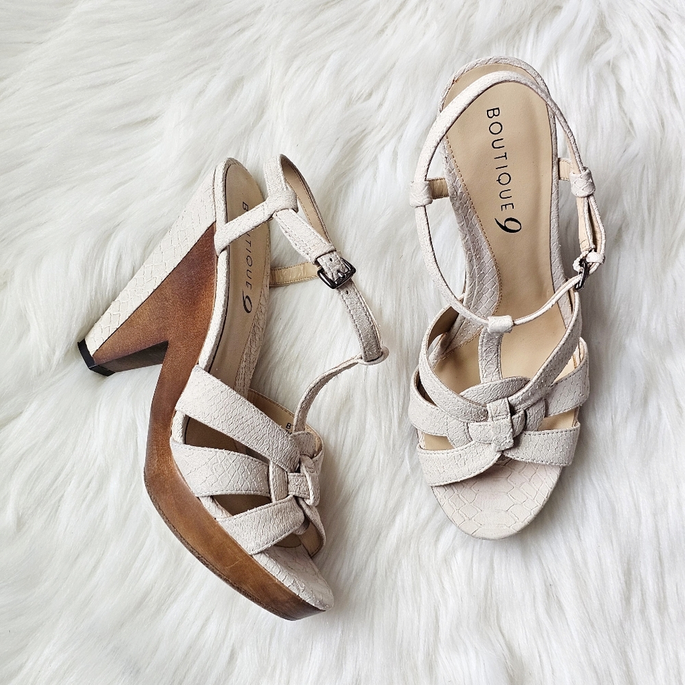 Boutique 9 Strappy Genuine Leather & Wood Platform Boho Heels Size 7.5M